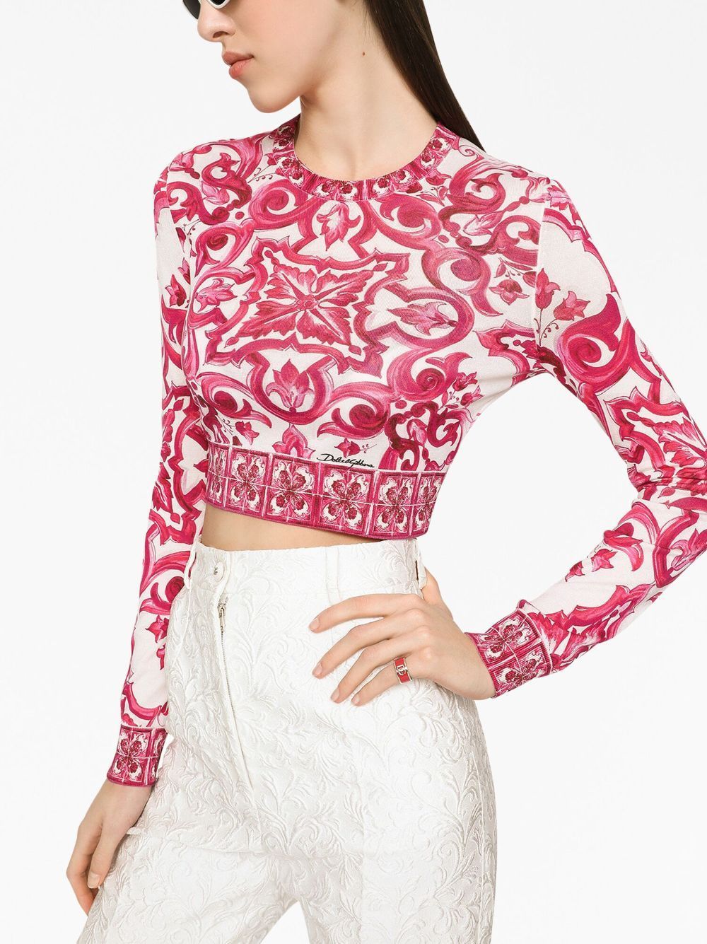 Dolce & Gabbana Maiolica-print Cropped Jumper In Pink