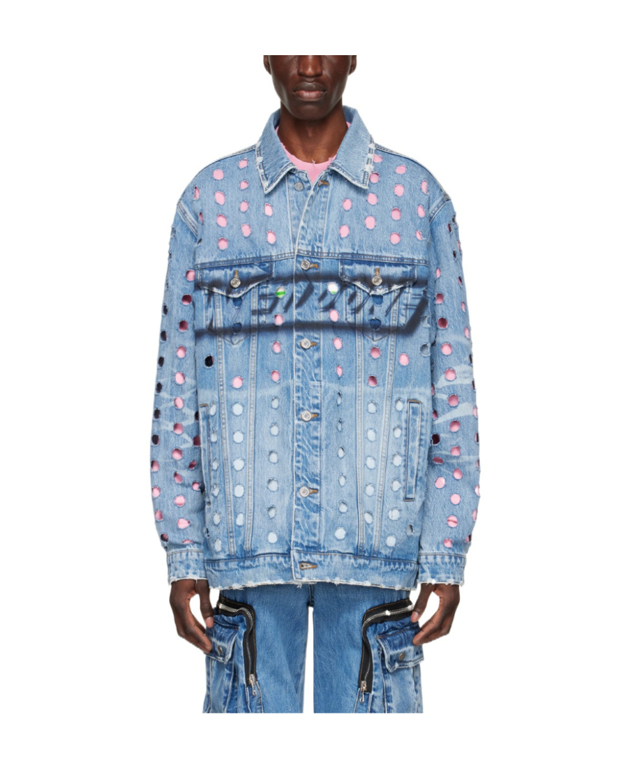 We11 Done Blue Logo Denim Jacket In Blue
