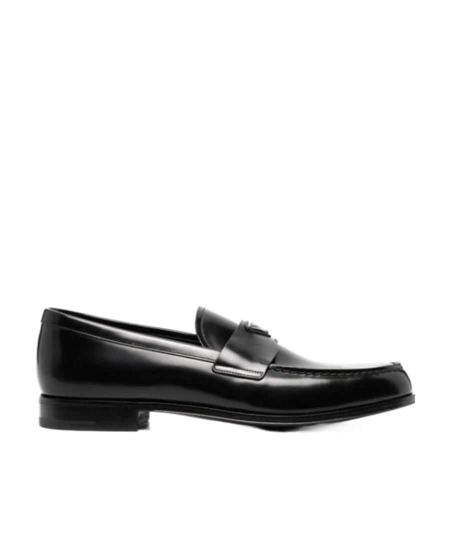 Prada Triangular Plaque Loafers In Black