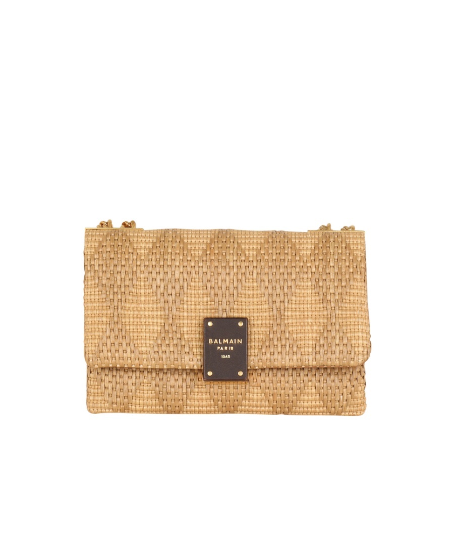BALMAIN 1945 SOFT SMALL BAG IN LEATHER AND RAFFIA