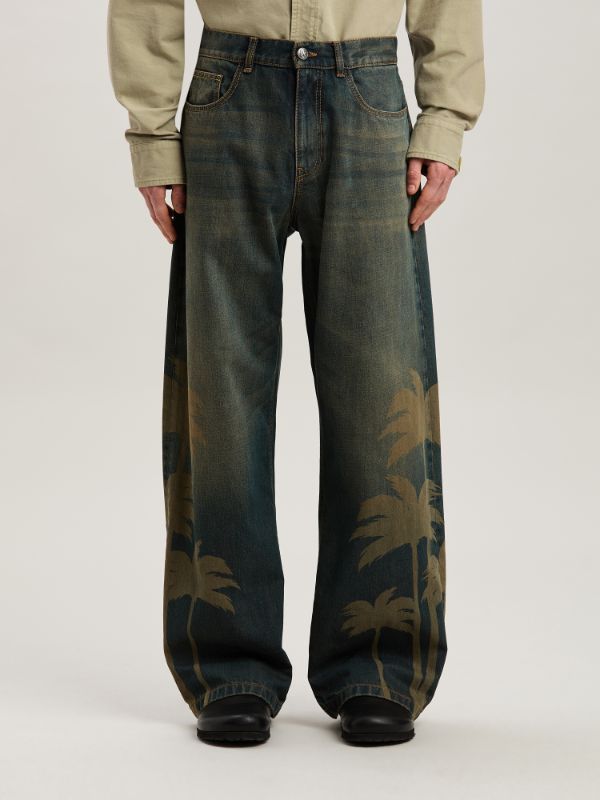 Palm Angels Laser Palms Loose Denim Pants Brown - Gr In Black