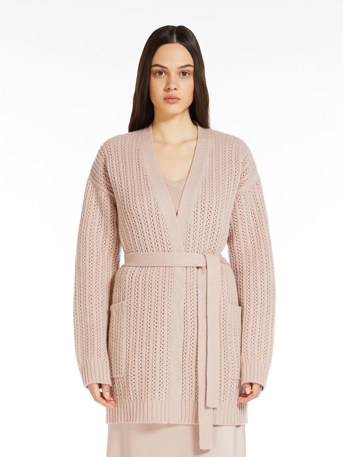 Shop Max Mara Balzac Belted Long-sleeved Cardigan In Nude