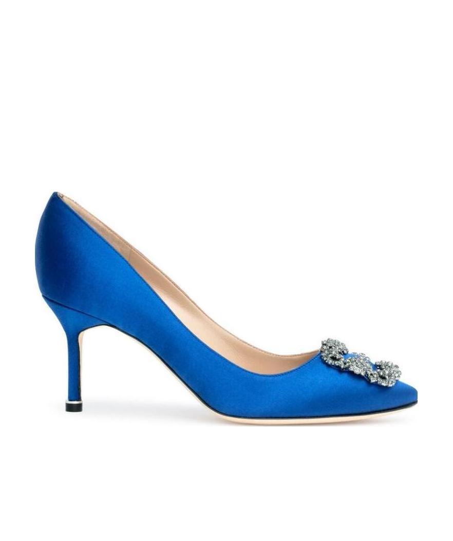 Shop Manolo Blahnik Hangisi 70mm Embellished Buckle Pumps In Blue