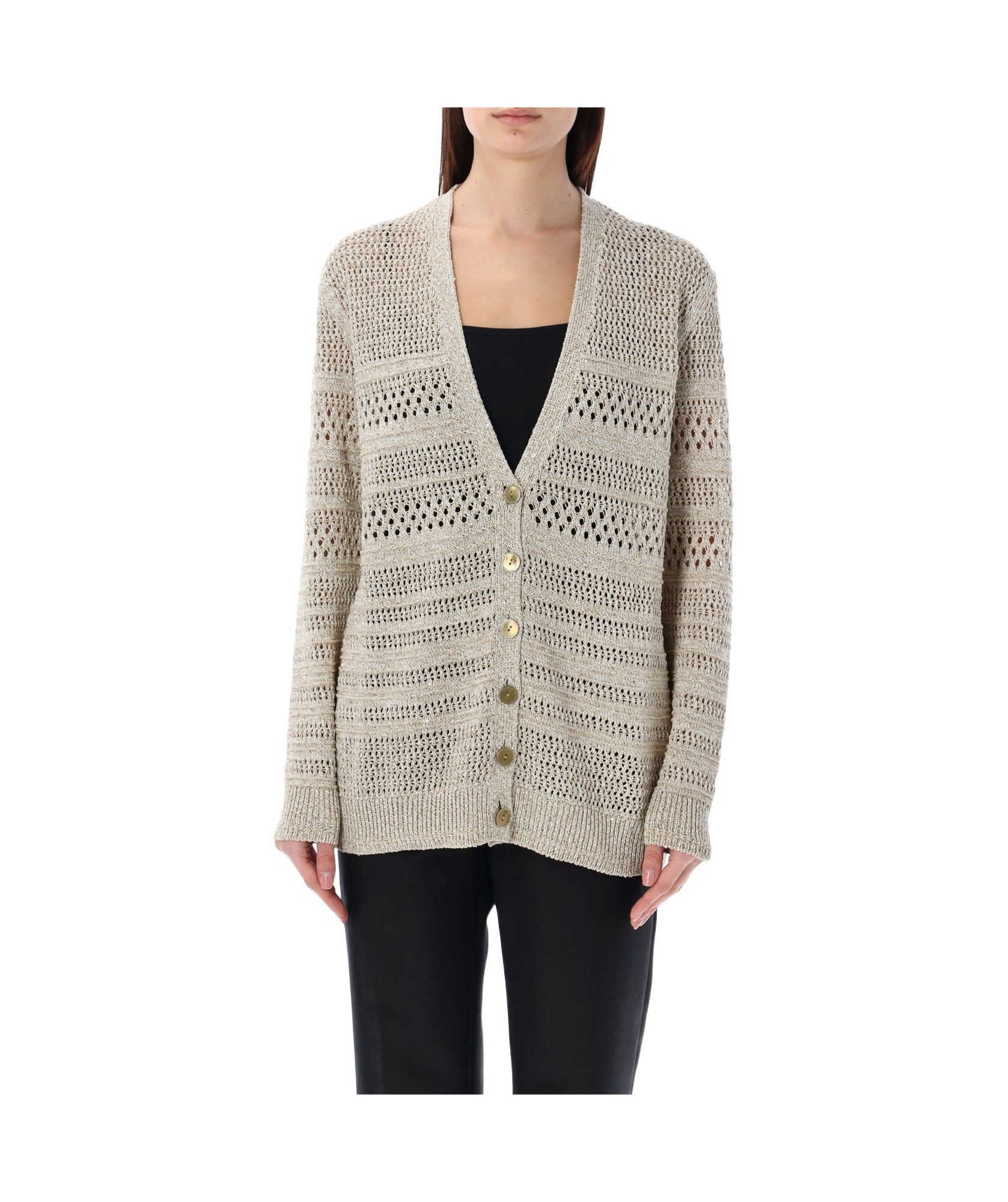 Ralph Lauren Sequined Open-knit Cardigan In Gray