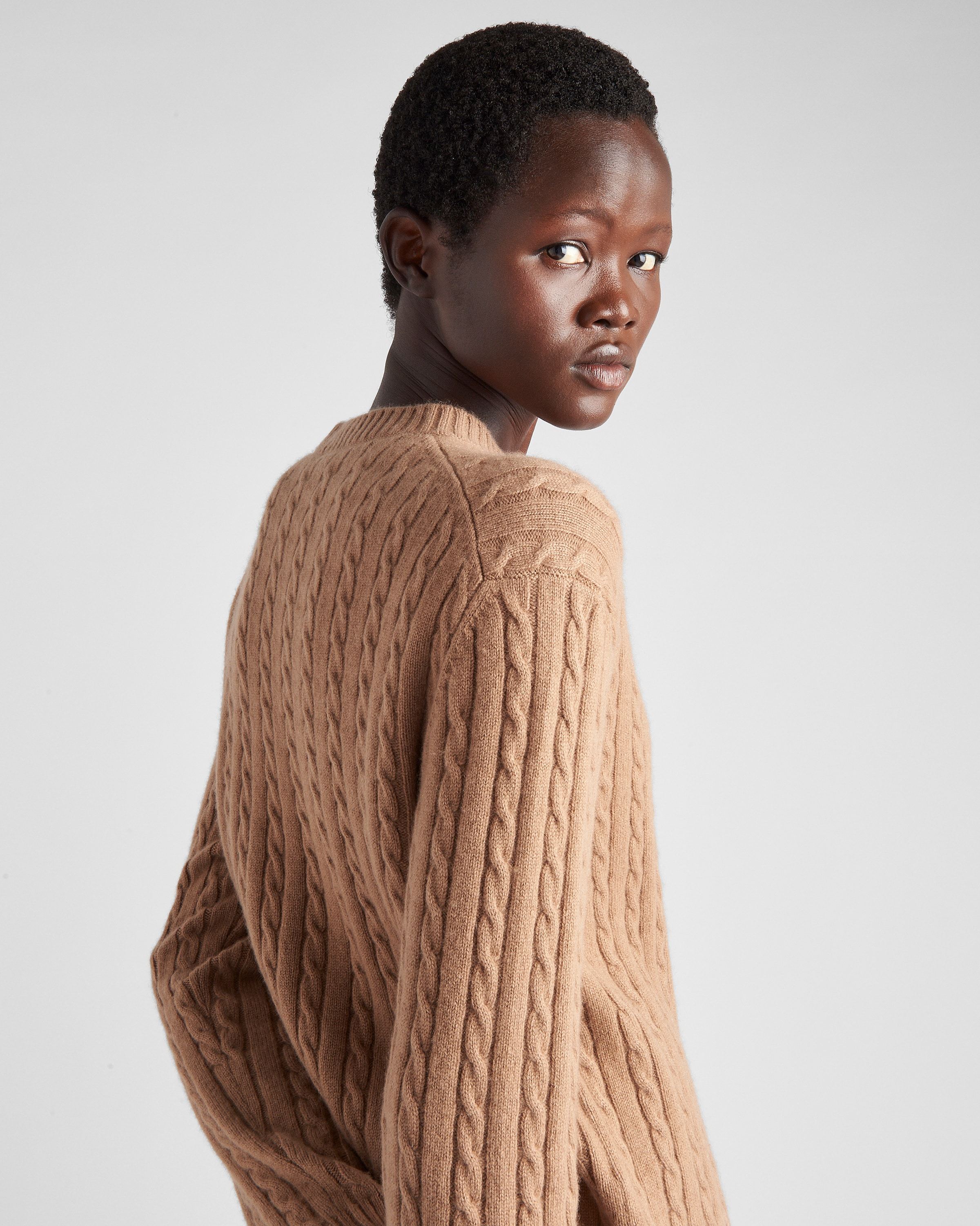 Prada Cashmere Crew-neck Sweater In Camel Brown