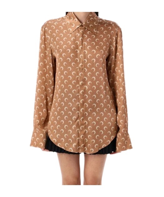 Marine Serre Moon Satin Button Down Shirt Clothing In Dark Camel