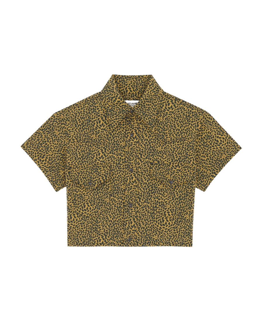 Saint Laurent Warped Leopard Print Short Sleeve Crop Snap-up Shirt In Green