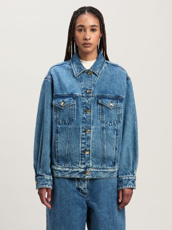 Palm Angels Printed Denim Jacket In Blue