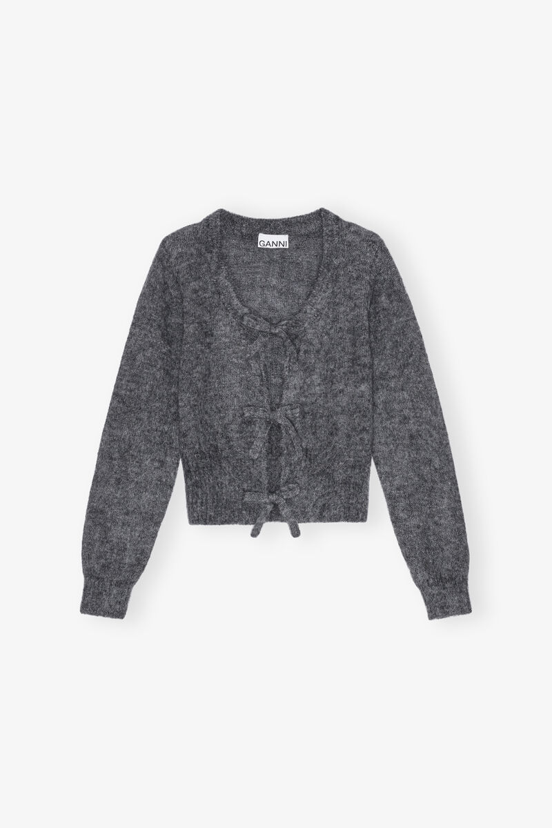 Shop Ganni Grey Light Mohair Tie String Cardigan In Black