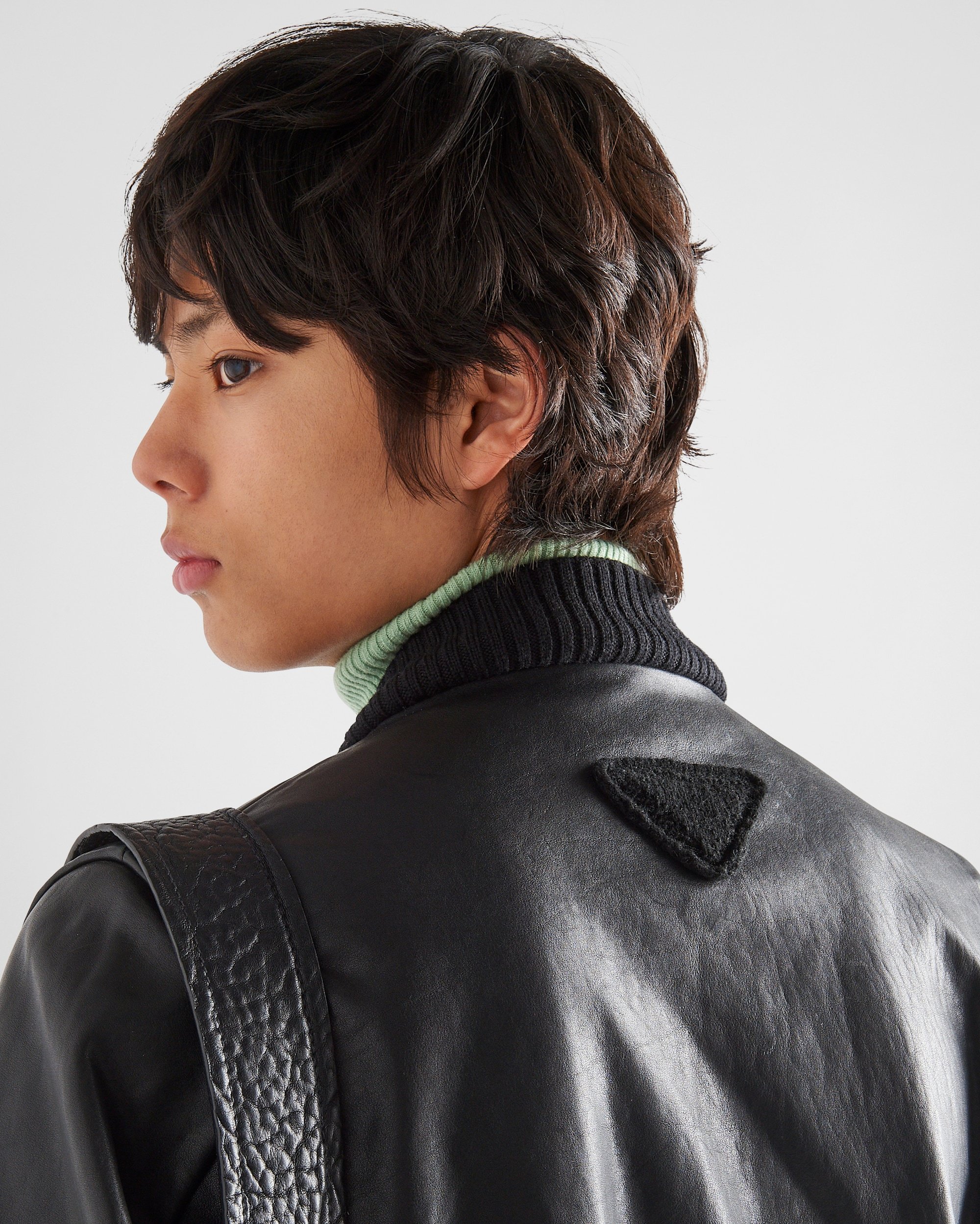 Prada Logo-patch Leather Bomber Jacket In Black