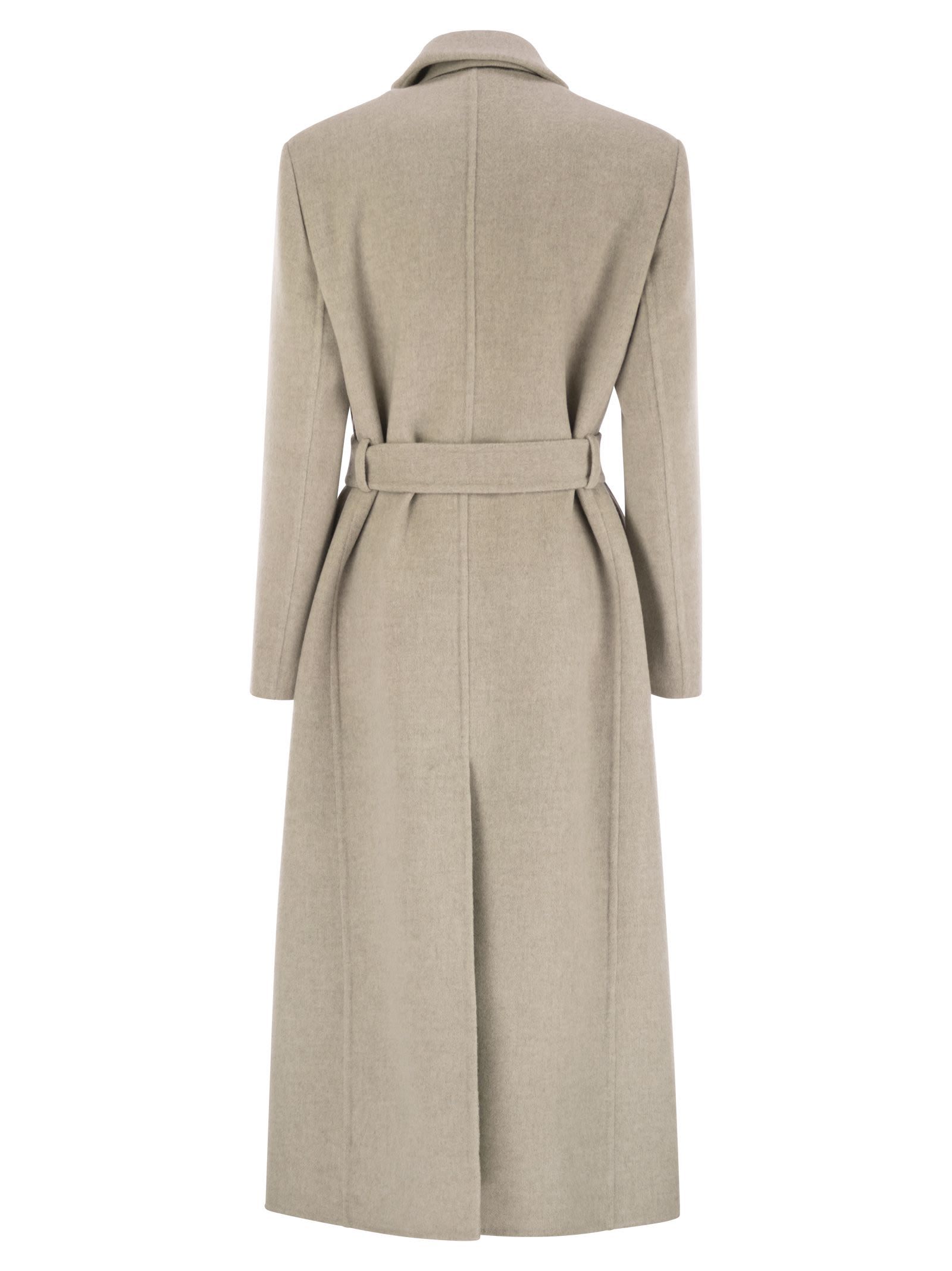 Brunello Cucinelli Women Double-breasted Coat In Virgin Wool And Cashmere Cloth With Jewellery In Gray