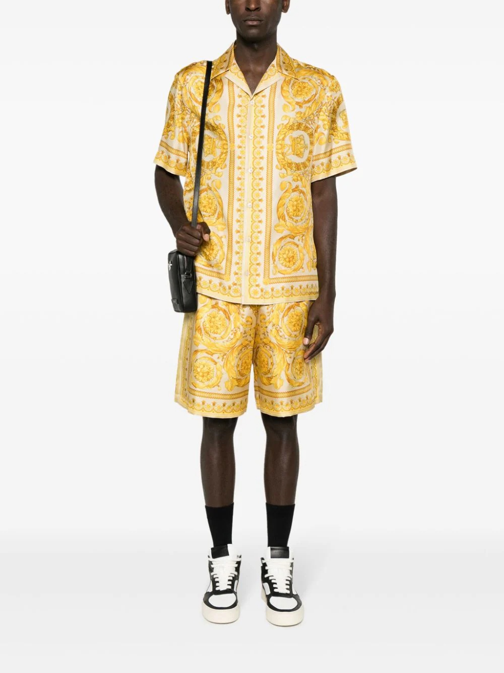 Versace Golden Barocco Print Silk Shorts In Yellow