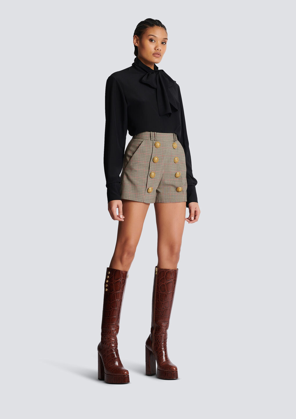 Balmain Checked Wool Blend High Rise Shorts In Gray