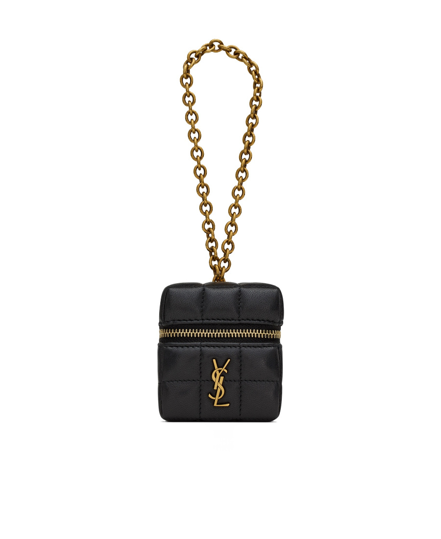 Saint Laurent Cassandre Matelassé Carré Mini Cube On Chain In Lambskin In Black