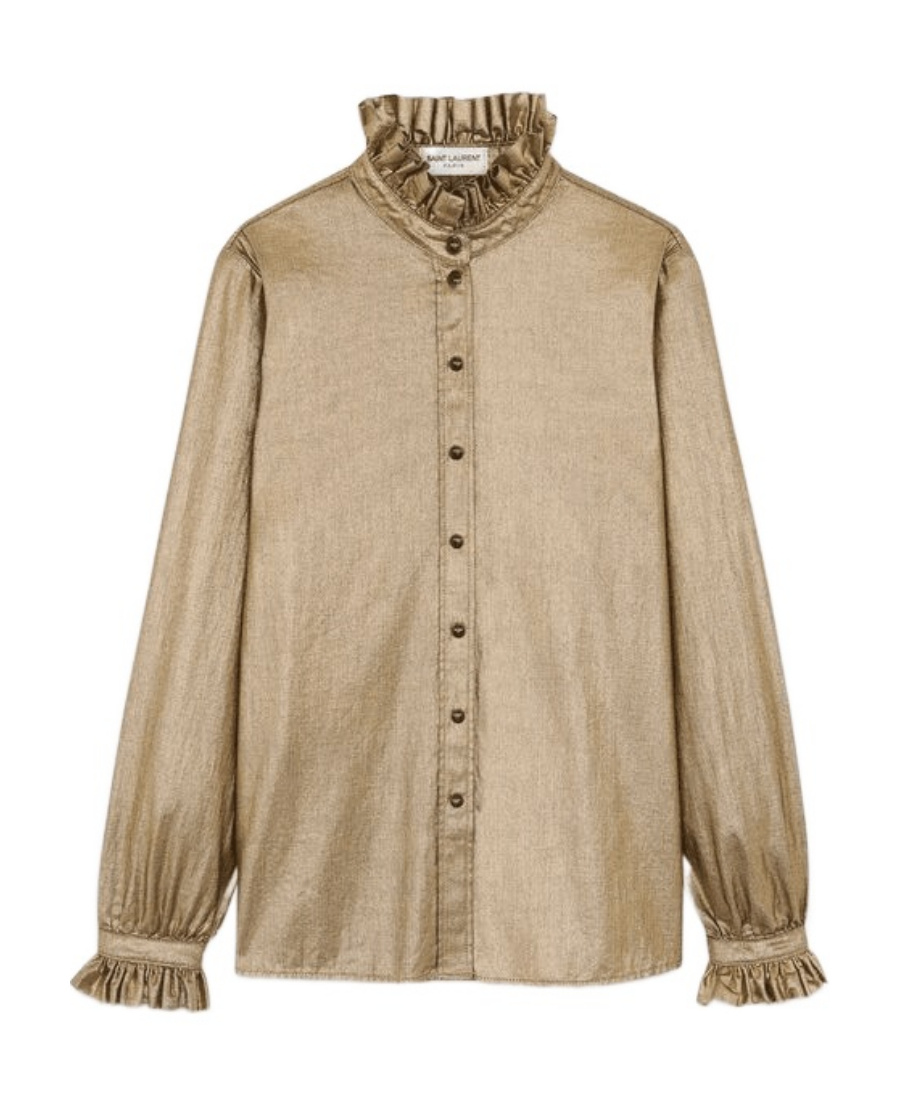SAINT LAURENT RUFFLED SHIRT IN LAMINATED GOLD RINSE DENIM