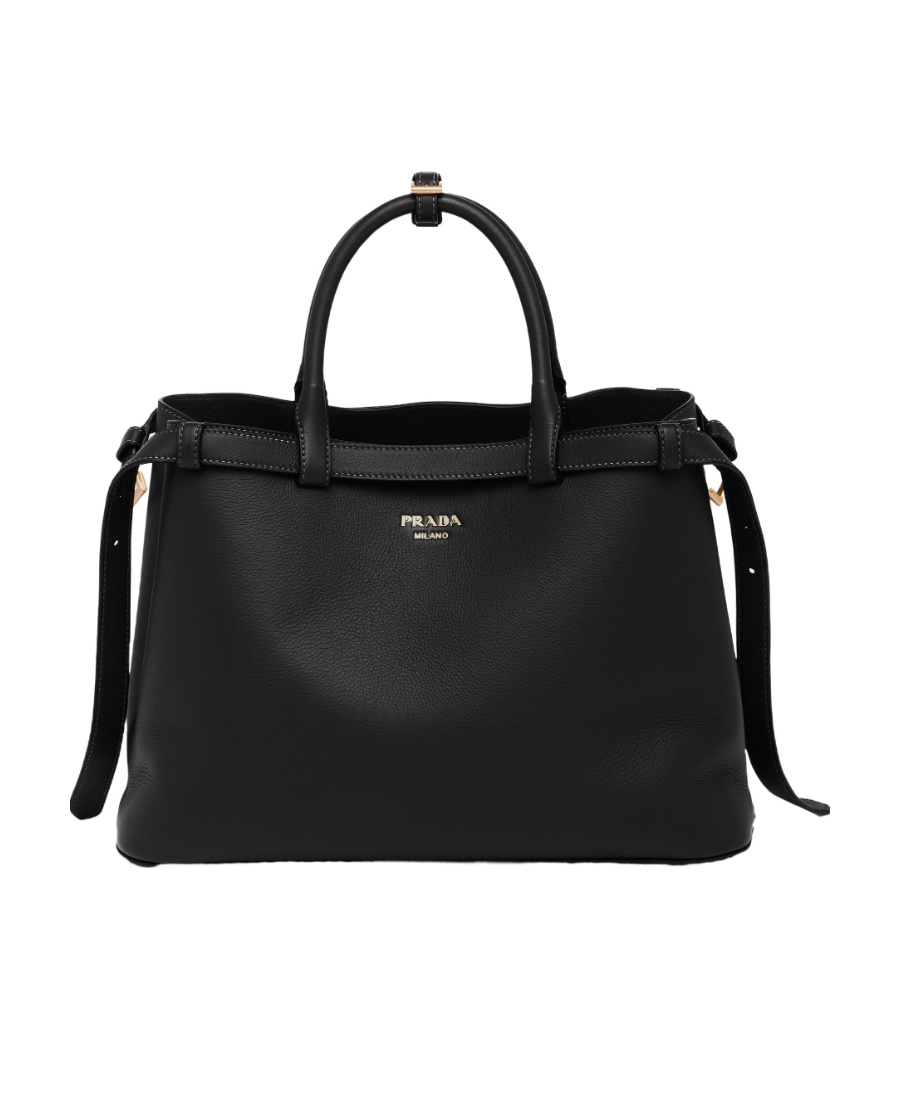 Shop Prada Medium Leather Handbag With Belt In Black