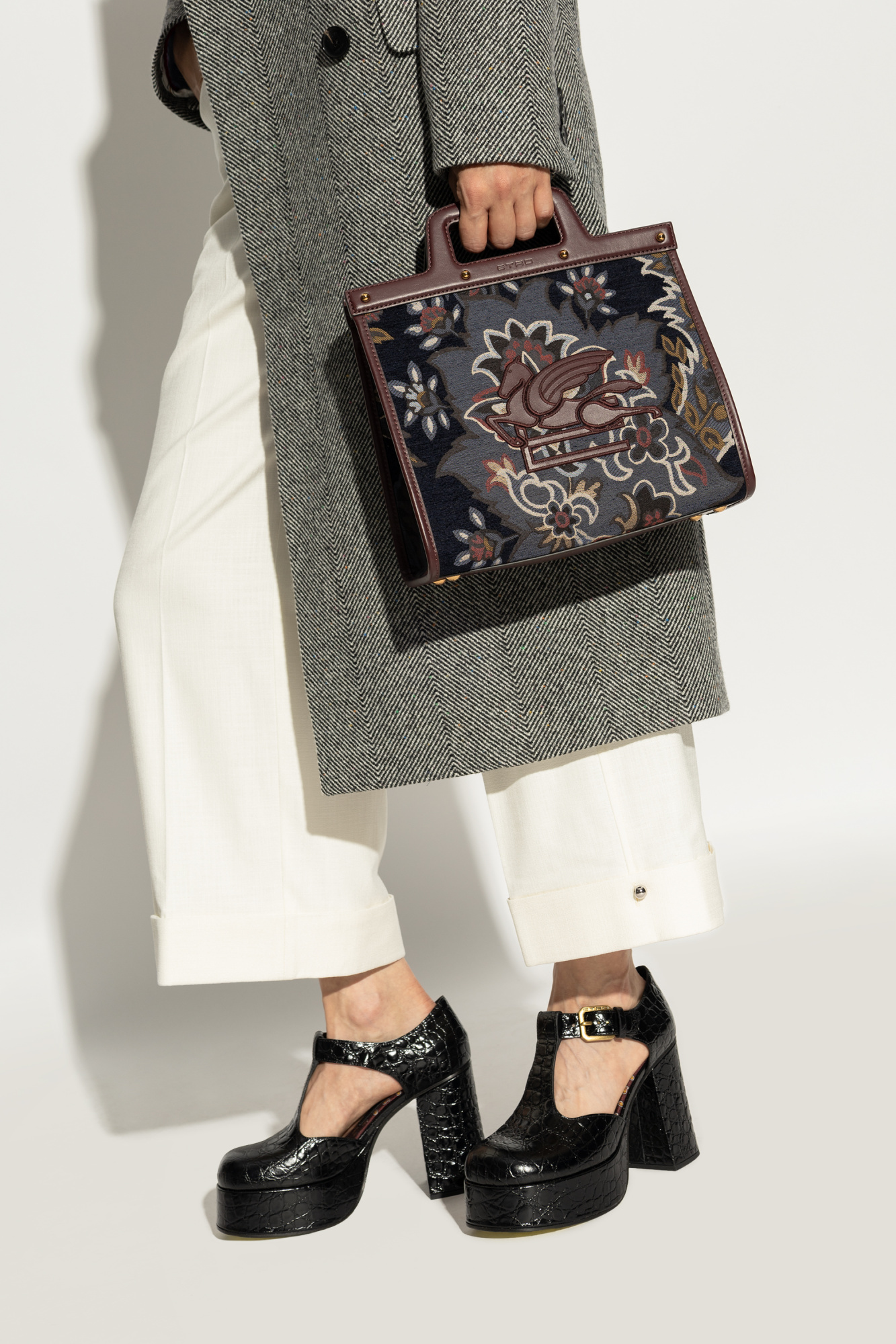 Etro Floral Paisley Handbag With Leather Accents In Black