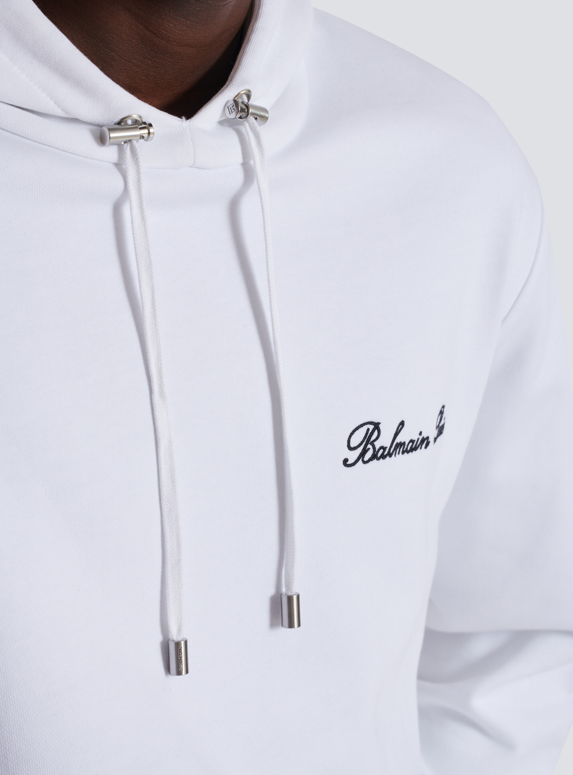Balmain Cotton Sweatshirt With Adjustable Drawstring Hood And Iconic Embroidery In White