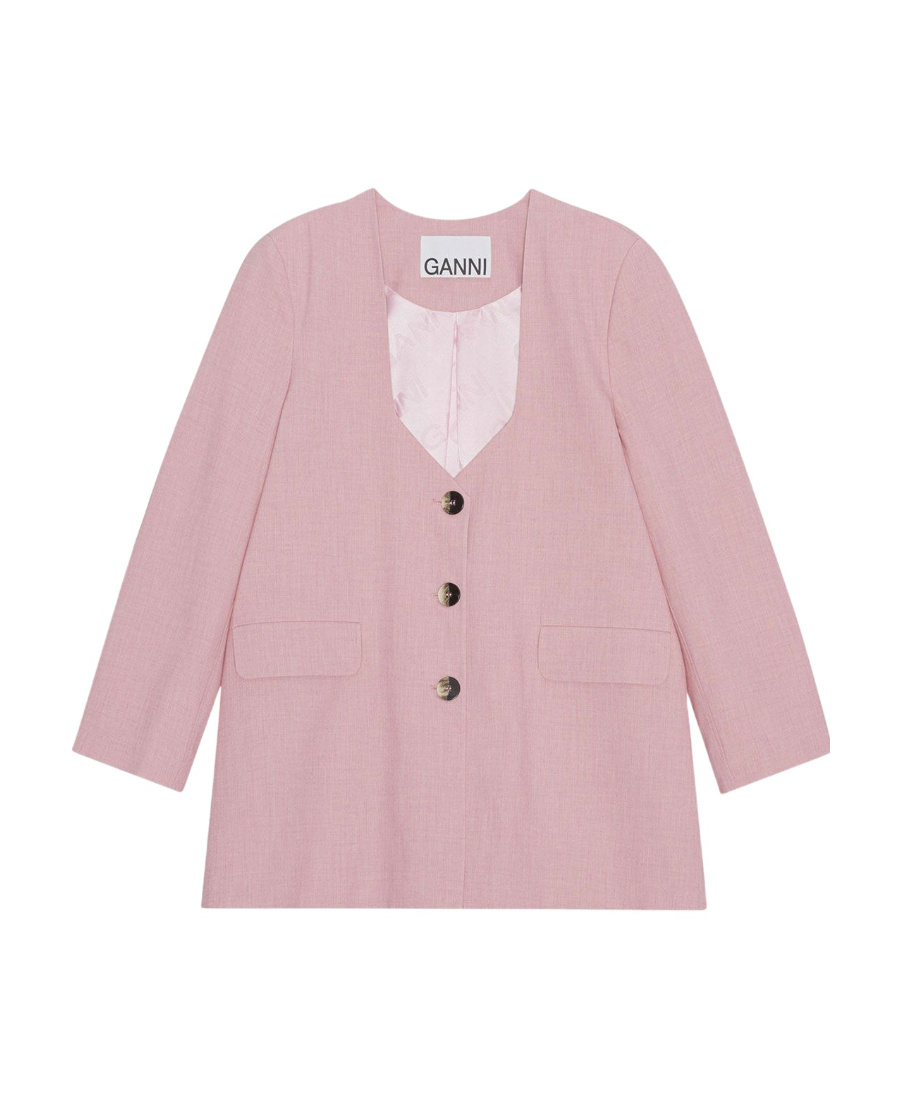 Ganni Scoop-neck Single-breasted Blazer In Pink