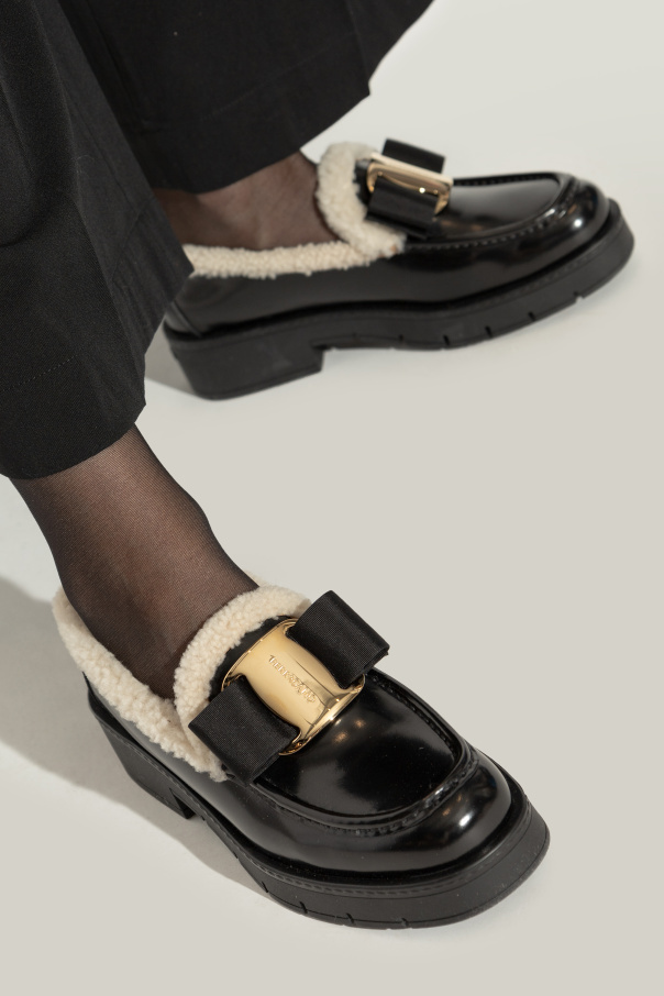 Ferragamo Mirty Vara Bow Shearling Leather Loafers In Black
