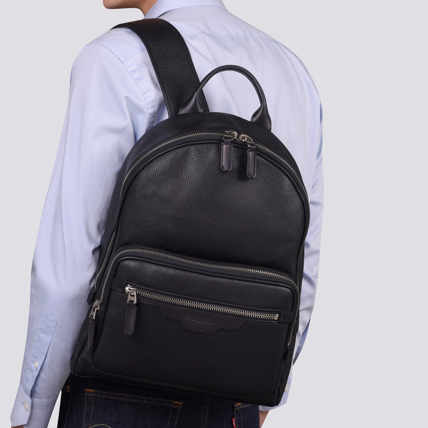 Santoni Grained-texture Leather Backpack In Black