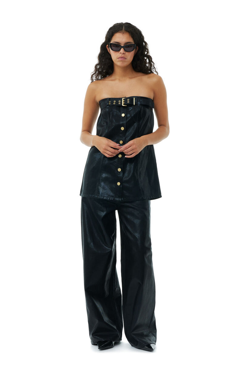 Shop Ganni Black Foil Denim Corsage