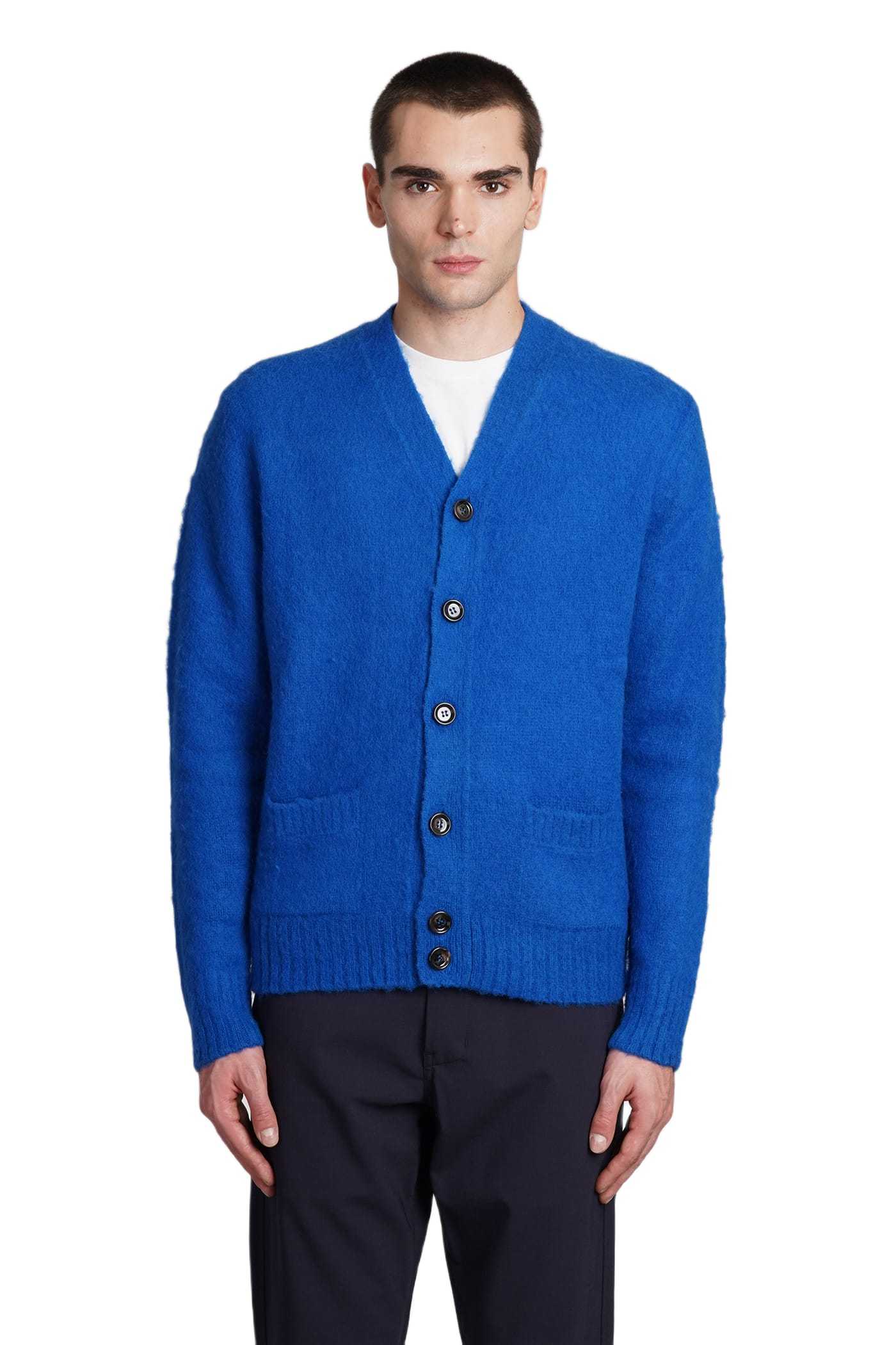 Aspesi Rib Trim Slim Buttoned Knit Cardigan In Blue