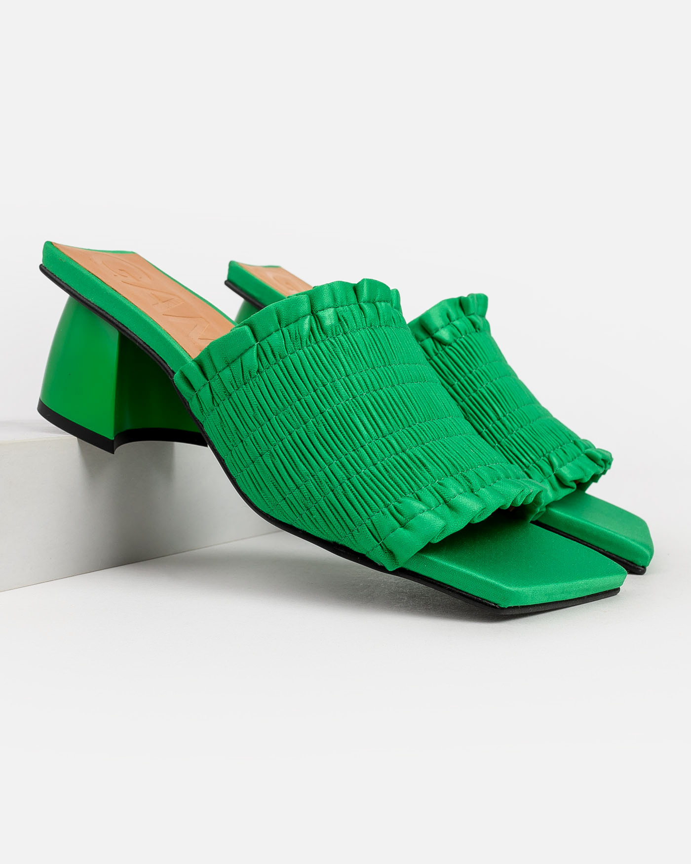 Ganni Smocked Kitten-heel Mules In Green