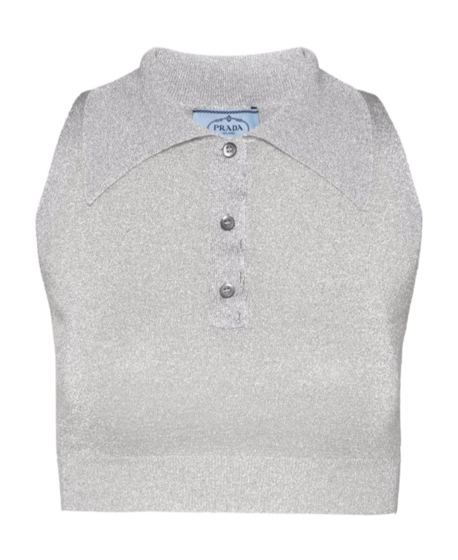 Prada Lurex Knit Crop Top In Silver