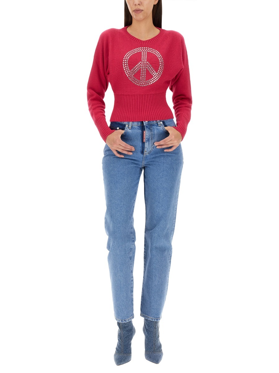 Moschino Peace Symbol Embellished Knitwear With Long Sleeves In Red