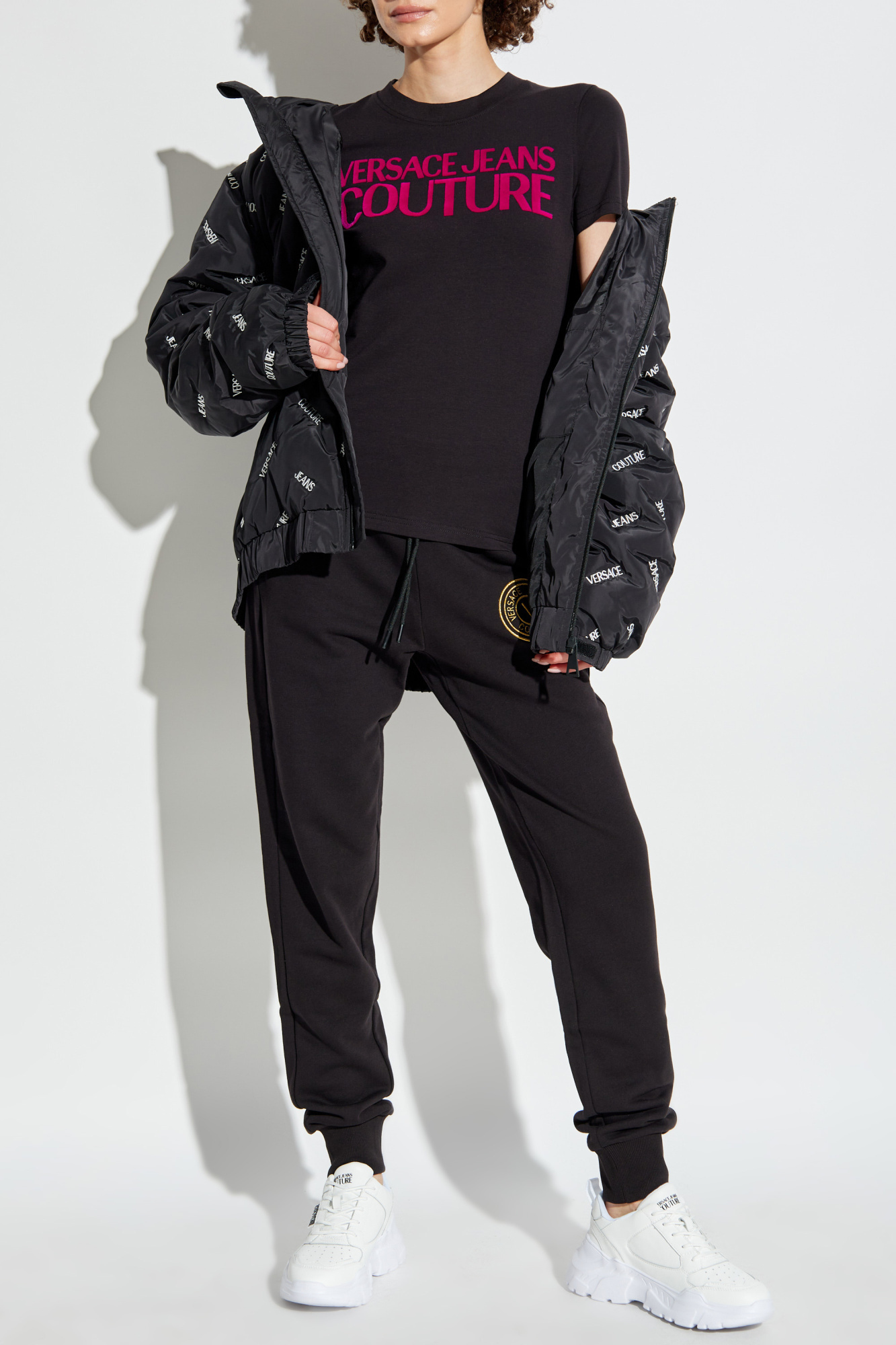 Versace Jeans Logo-flocked Cotton T-shirt In Black