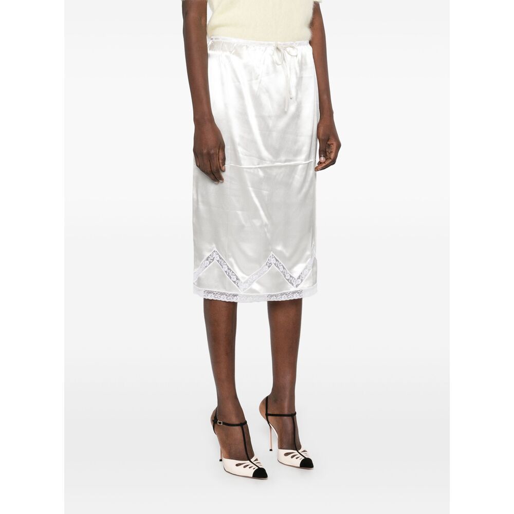 Prada Drawstring Lace Trim Satin Midi Skirt In White