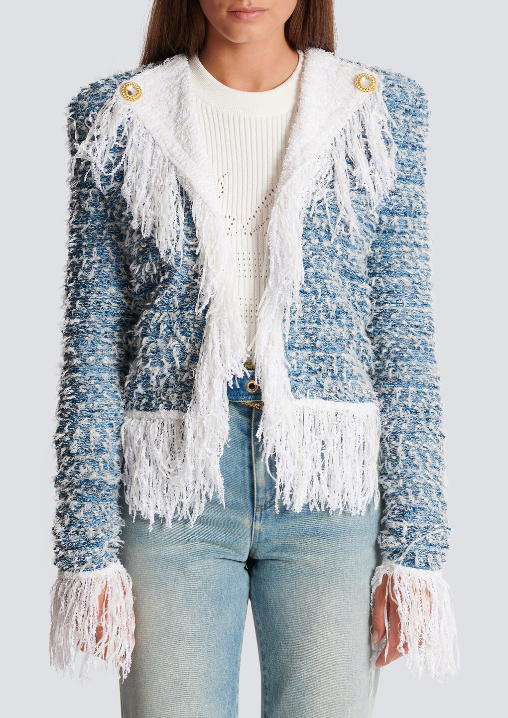 Shop Balmain Fringed Denim Tweed Jacket In Blue