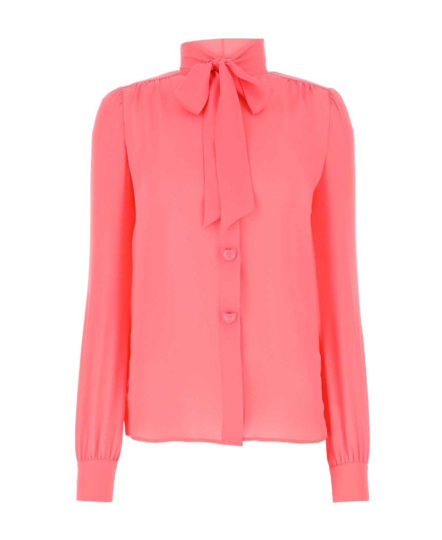 Moschino Silk Blouse With Shoulder Gatherings And Bow Collar In Pink