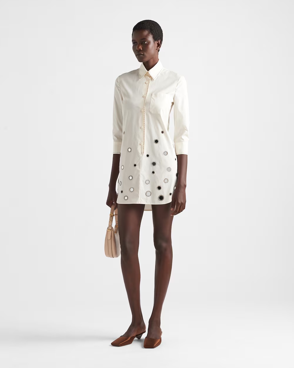 Prada Embroidered Poplin Mini-dress In Neutral Color
