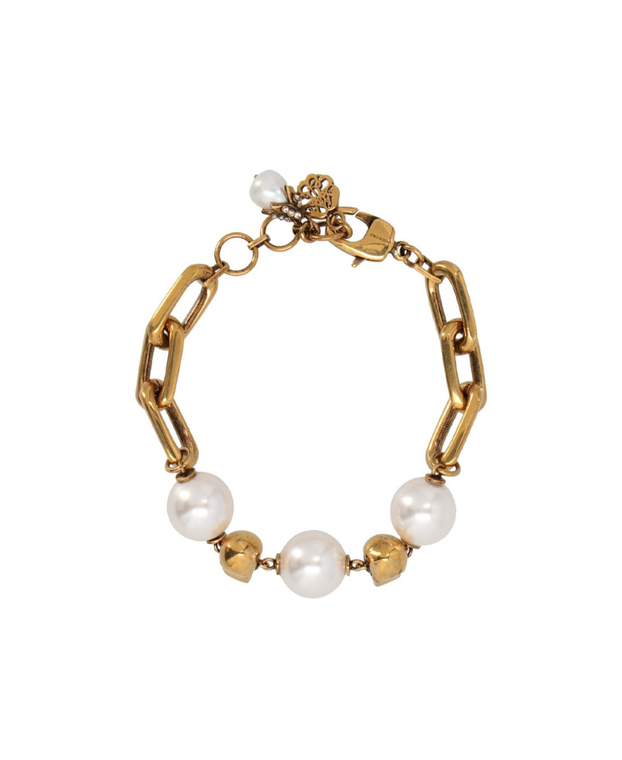 Alexander Mcqueen Pearl-embellished Skull Bracelet In Yellow
