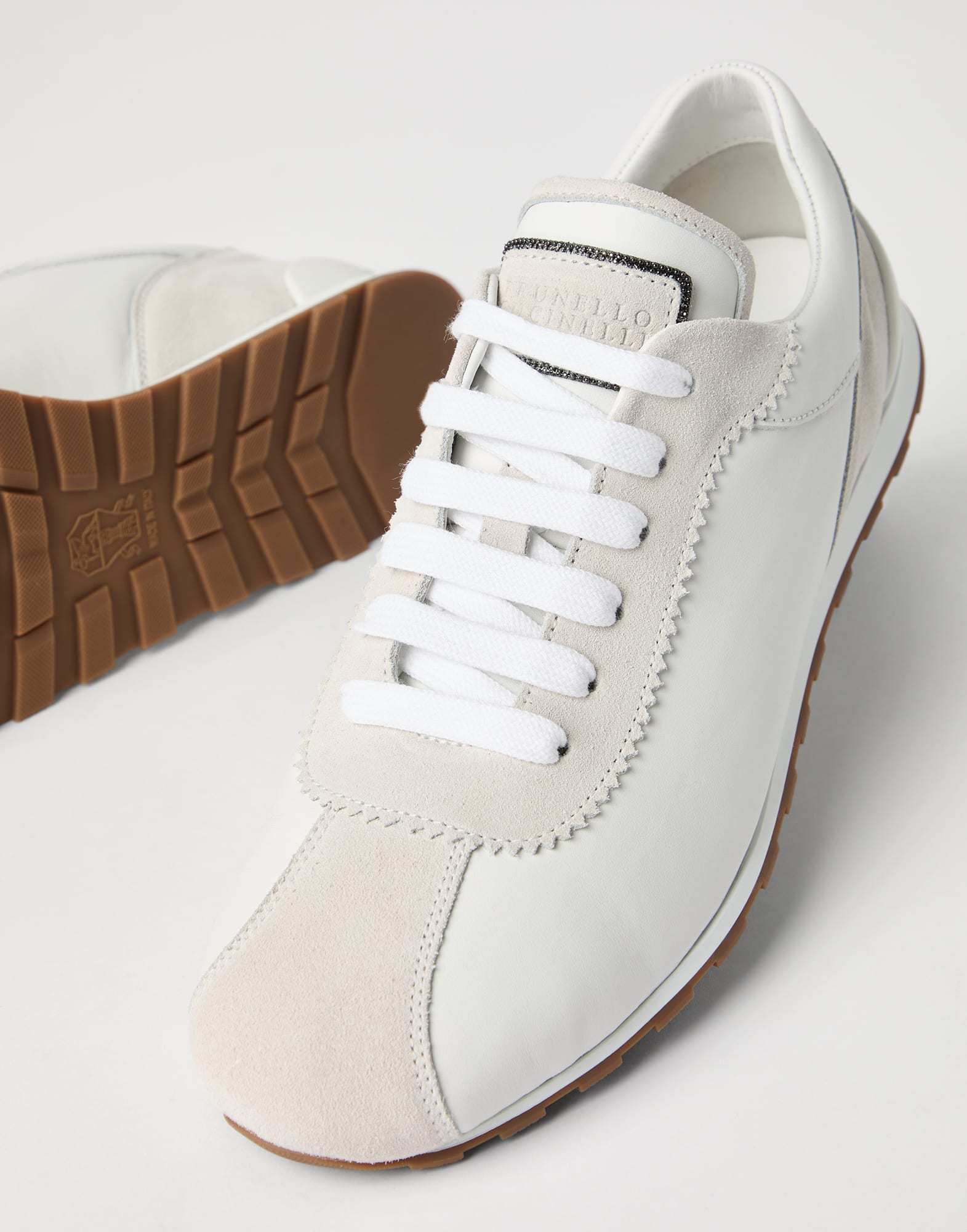 Brunello Cucinelli Embellished Suede-trimmed Stretch-knit Sneakers In White