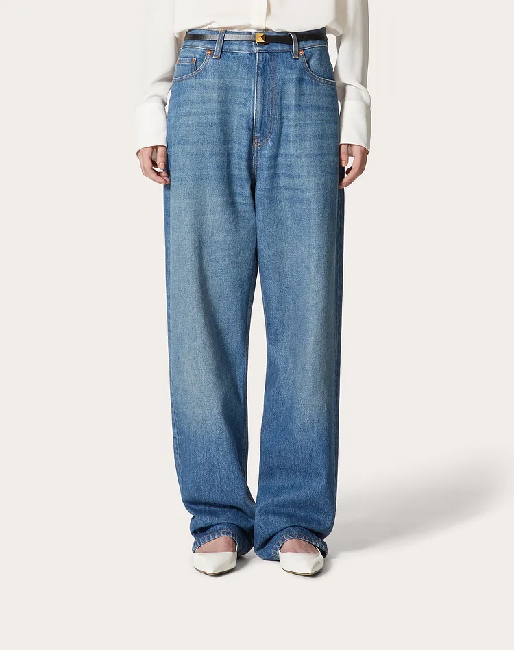 Valentino High-rise Denim Wide-leg Pants In Blue