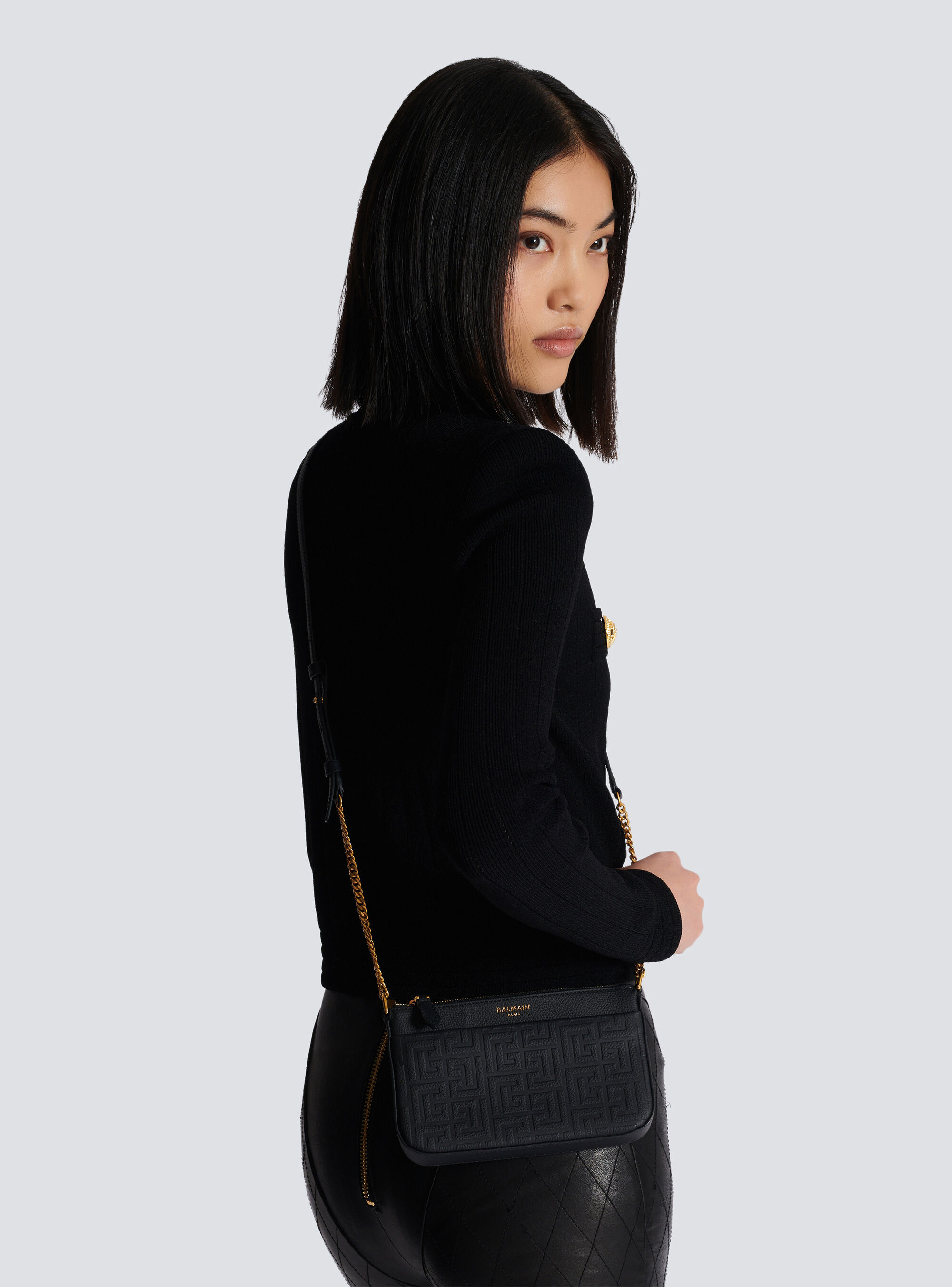 Shop Balmain 1945 Soft Zipped Mini Bag In Embossed Grained Calfskin With A Pb Labyrinth Monogram In Black