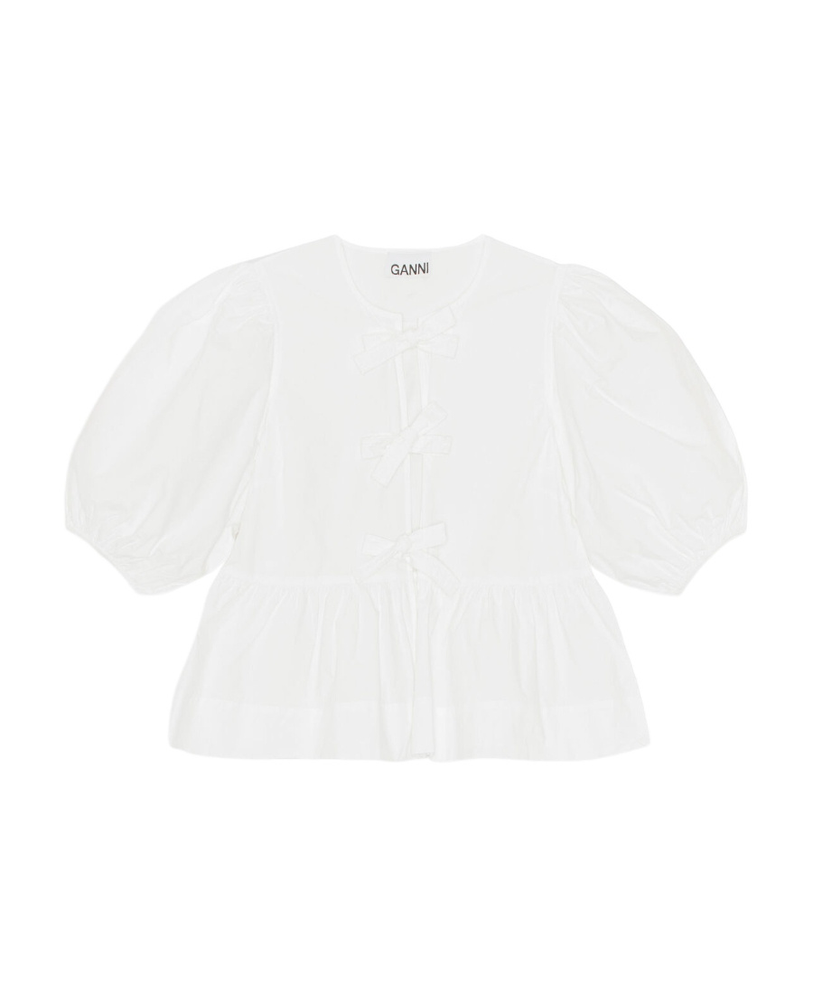 Ganni Womens Bright White Tie Strap Puffed-sleeves Stretch-cotton Blouse