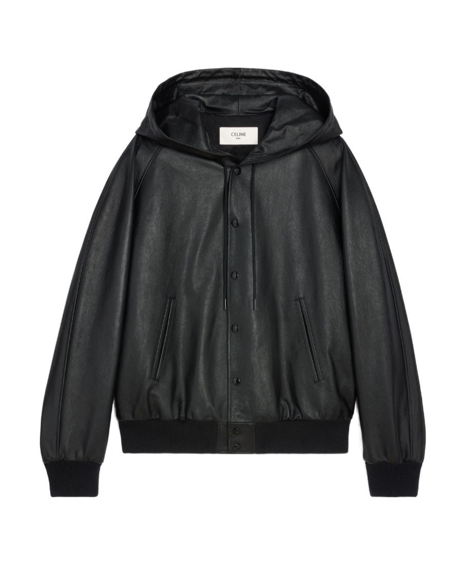 Celine Logo-embossed Full-grain Leather Hooded Bomber Jacket In Black