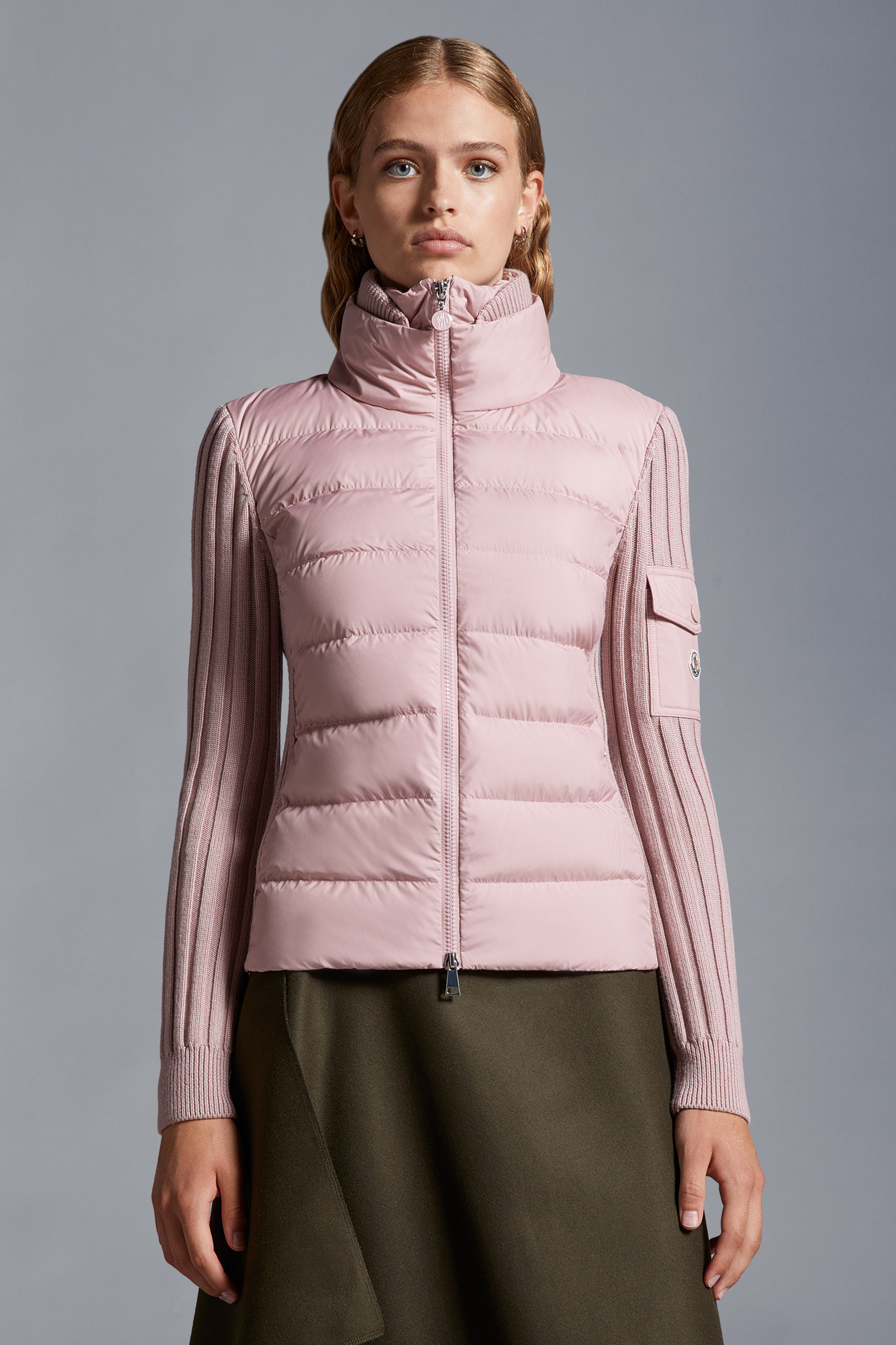 Moncler Padded Wool Spliced Cardigan In Pink