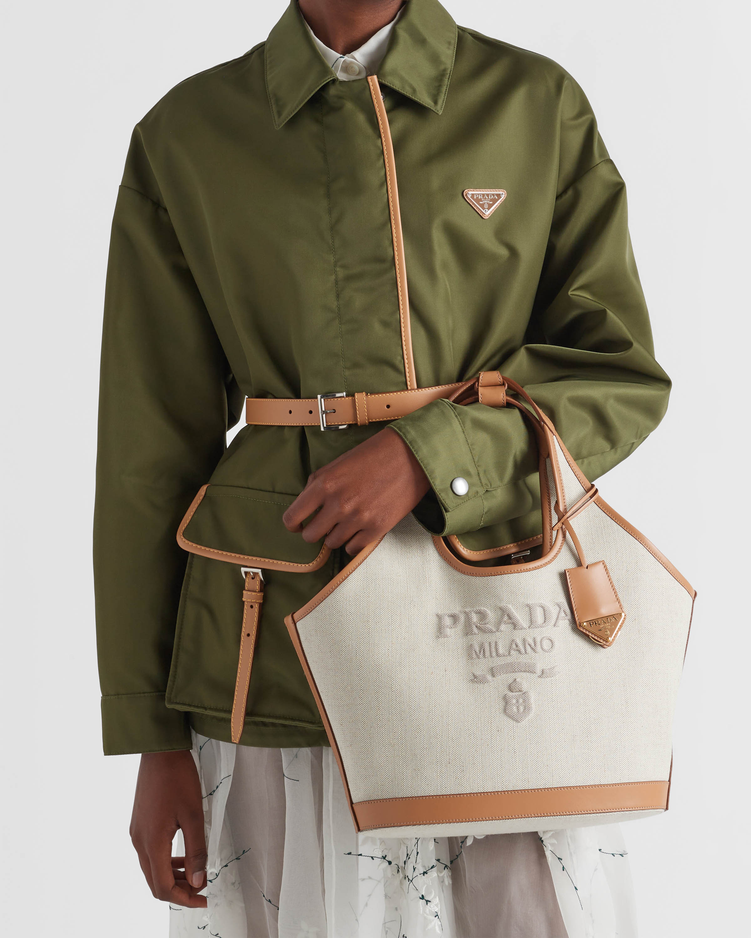 Prada Triangle Shape Canvas Handbag With Leather Trim In Nude