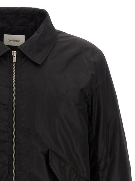 Saint Laurent Collared Silk Bomber With Ribbed Cuffs In Black