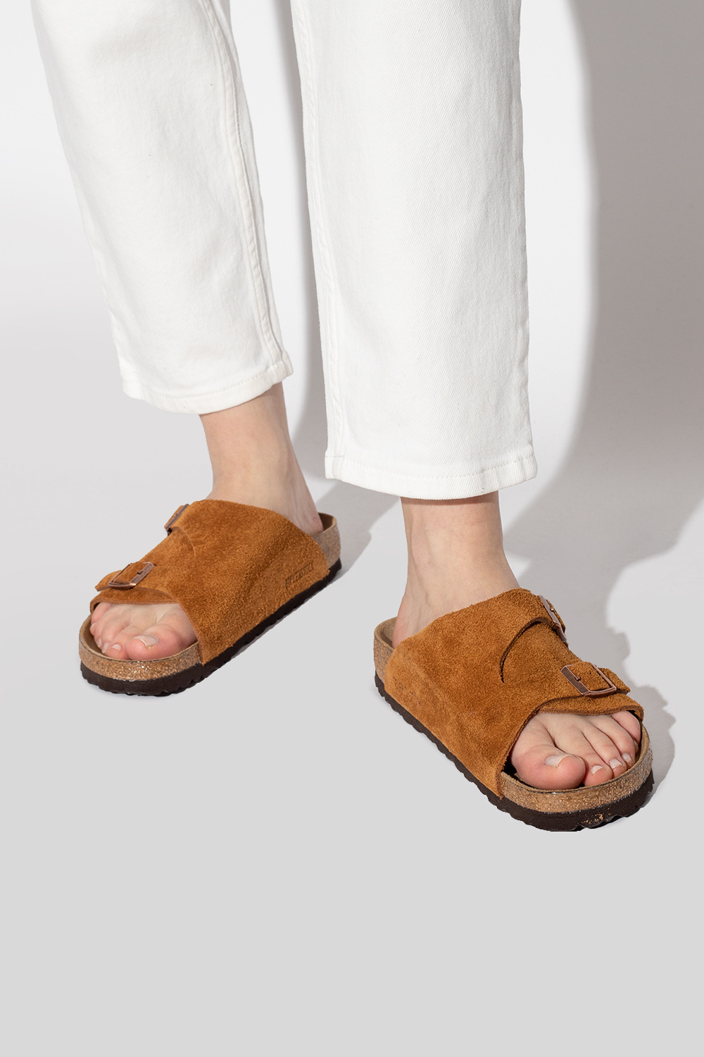 Birkenstock Mink Suede Slippers With Two Adjustable Straps In Brown