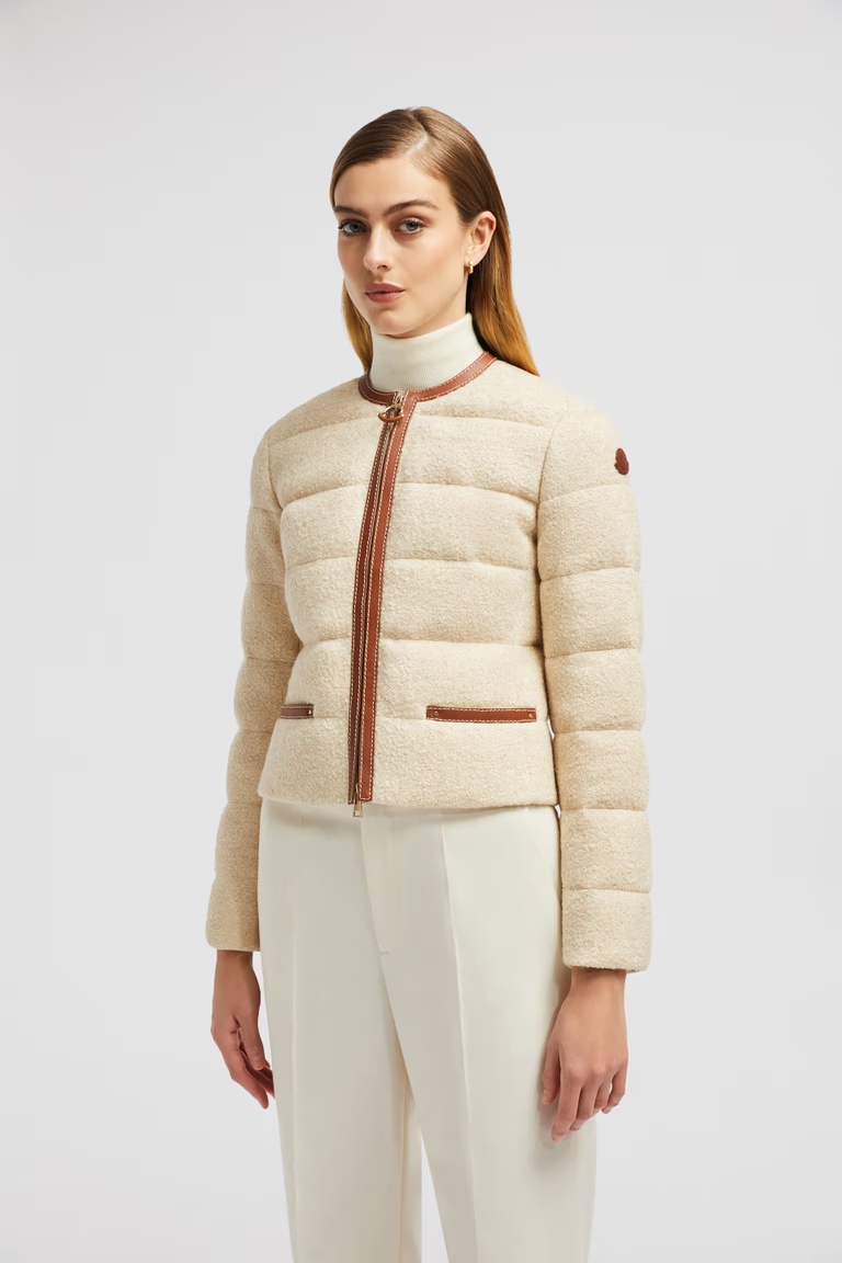 Moncler Serinde Leather-trimmed Quilted Wool-blend Bouclé Down Jacket In Nude