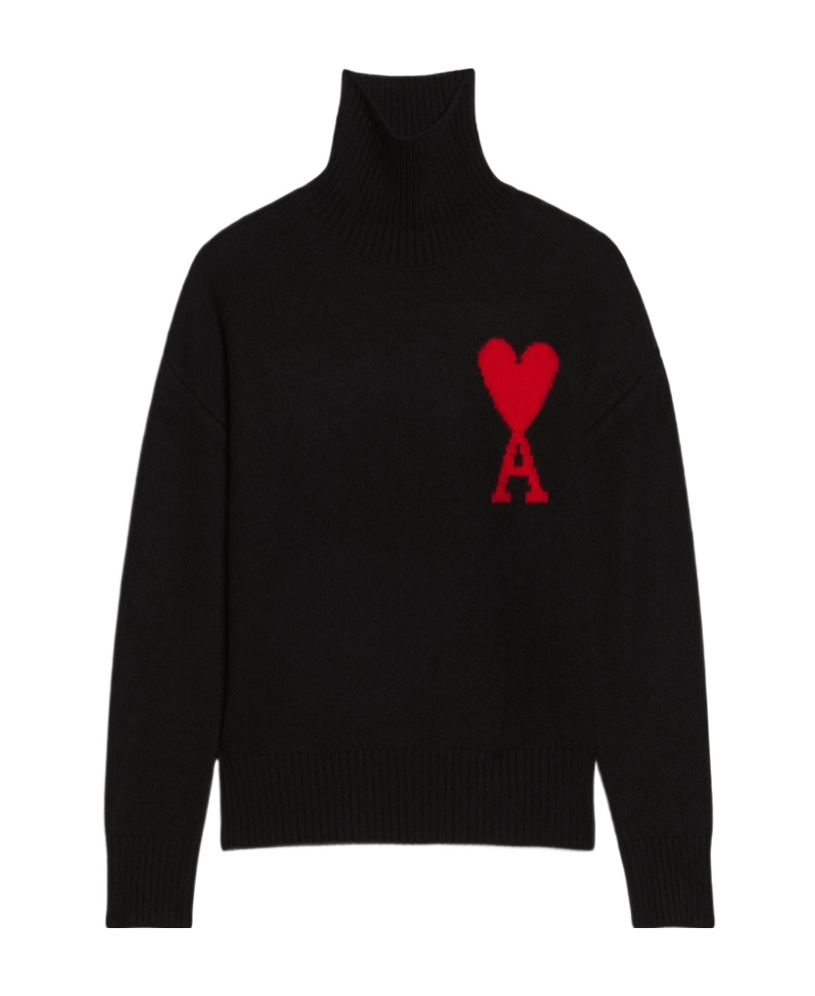 Ami Alexandre Mattiussi Ami Paris Funnel-neck Sweater With Heart Intarsia Design In Black