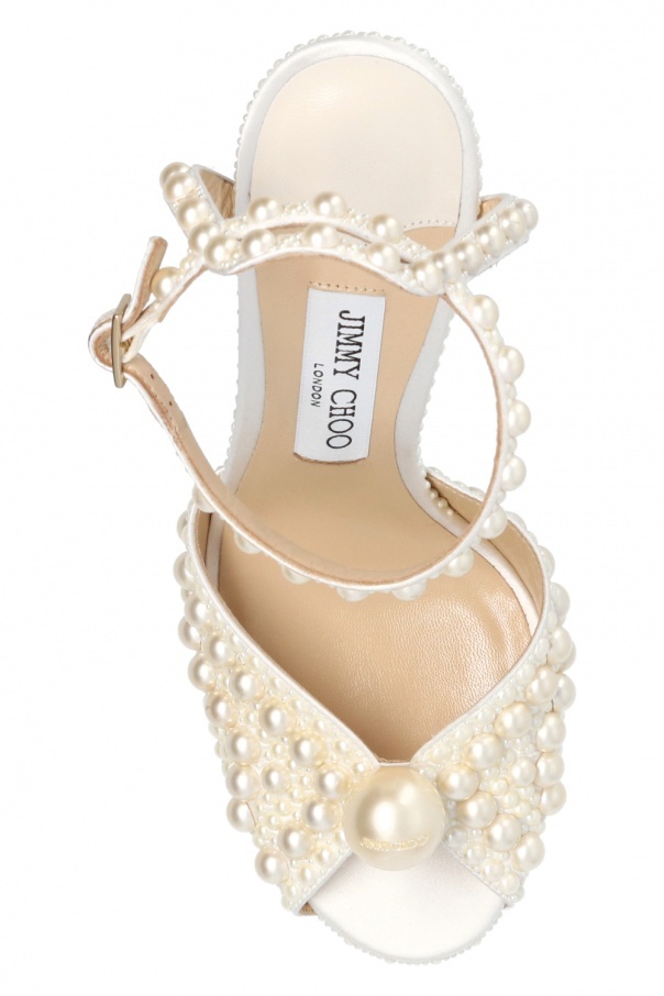 Jimmy Choo Sacora 100 Faux Pearl-embellished Satin Sandals In Nude