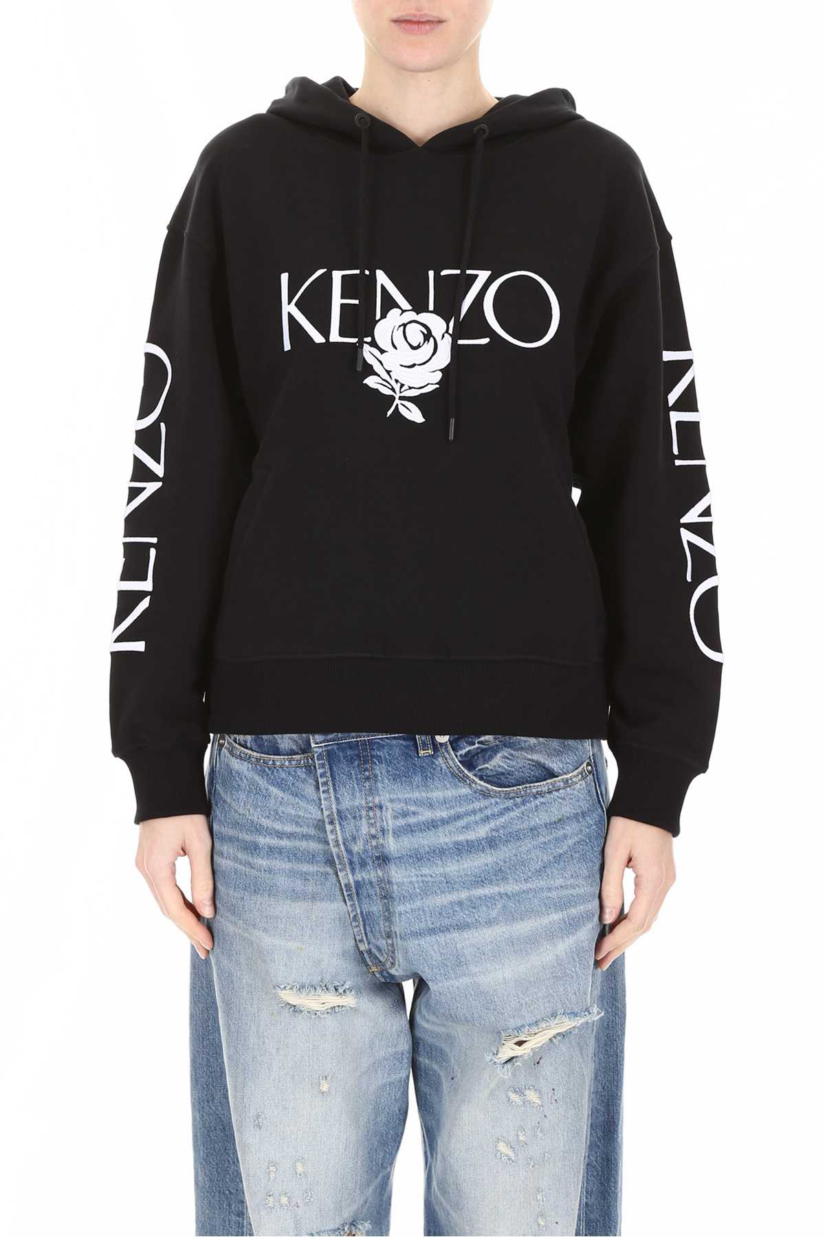 Kenzo Rose Logo Embroidered Hooded Sweater In Black
