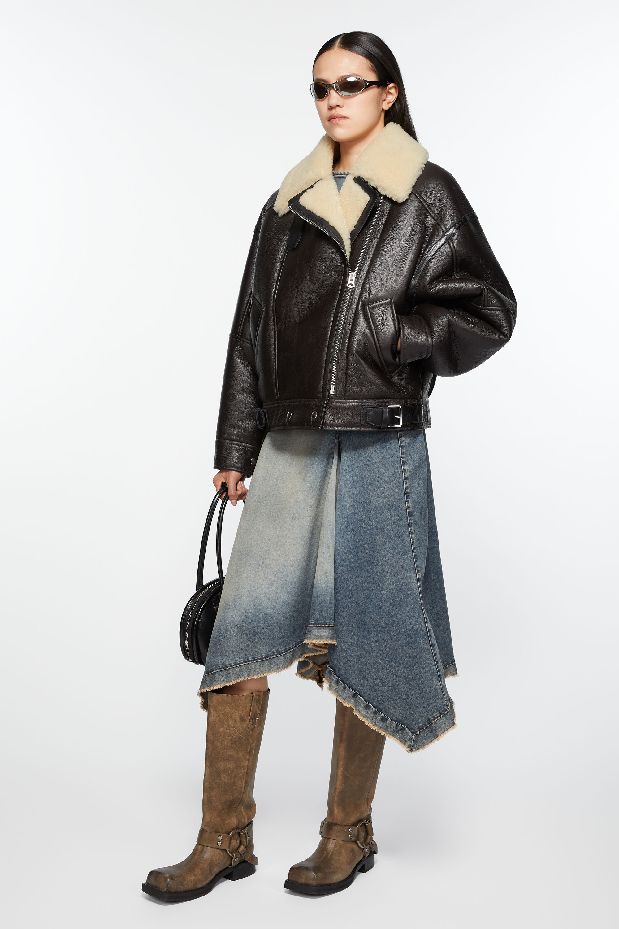 Acne Studios Calf Leather And Shearling Flight Jacket In Black